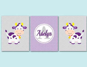 Cows Nursery Wall Art Purple Gray Nursery Art,Farm Animals Nursery Wall Art,Barnyard Nursery Wall Art C110-Sweet Blooms Decor
