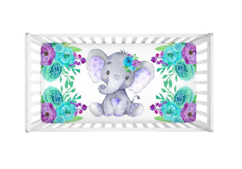 Purple Teal Elephant Watercolor Floral Crib Sheet C175