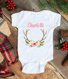 Deer Antler Baby One Piece Bodysuit Pink Floral Personalized Baby Girl Outfit Baby Shower Gift Newborn Infant One-Piece Body Suit Boho 105-BODY SUITS & T-SHIRTS-Sweet Blooms Decor