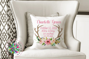 Deer Antler Birth Announcement Pillow Personalized Birth Stats Throw Pillow Deer Floral Baby Girl Shower Gift Nursery Decor 147-Sweet Blooms Decor
