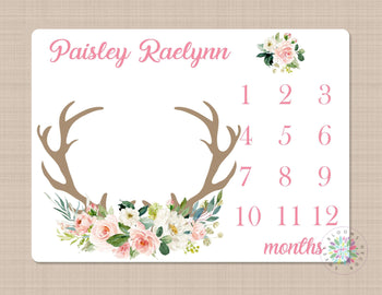 Deer Antler Girl Milestone Blanket Coral Pink Flowers Monthly Growth Tracker Floral Deer Blanket Newborn Floral Baby Shower Gift B677-Sweet Blooms Decor