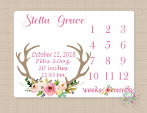 Deer Antler Girl Milestone Blanket Pink Flowers Monthly Growth Tracker Floral Deer Blanket Newborn Baby Girl Floral Blanket Baby Gift B452