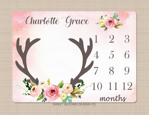 Deer Antler Girl Milestone Blanket Pink Flowers Monthly Growth Tracker Floral Deer Blanket Newborn Baby Girl Floral Blanket Baby Gift B748