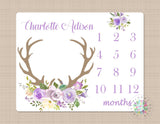Deer Antler Girl Milestone Blanket Purple Lavender Flowers Monthly Growth Tracker Floral Deer Blanket Newborn Baby Girl Baby Shower Gift 363-Sweet Blooms Decor