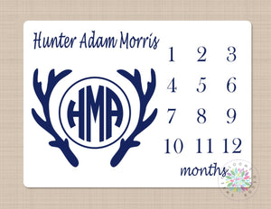 Deer Antler Milestone Blanket Baby Boy Blanket Monogram Monthly Growth Tracker Navy Blue Deer Head Nursery Bedding Baby Shower Gift B227
