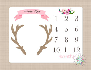 Deer Antler Milestone Blanket Baby Girl Monthly Growth Tracker Pink Floral Deer Blanket Newborn Baby Girl Blanket Baby Shoer Gift B165