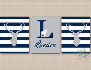 Deer Antler Nursery Decor Wall Art Navy Blue Gray Stripes Name Monogram Baby Boy Bedroom Decor Twins Shower Gift C699-Sweet Blooms Decor