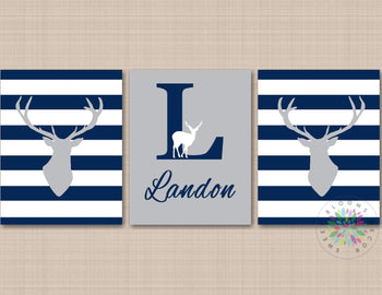 Deer Antler Nursery Decor Wall Art Navy Blue Gray Stripes Name Monogram Baby Boy Bedroom Decor Twins Shower Gift C699-Sweet Blooms Decor