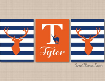 Deer Antler Nursery Wall Art Orange Navy Blue Stripes Deer Art Deer Head Name Monogram Baby Boy Bedroom Decor C572-Sweet Blooms Decor