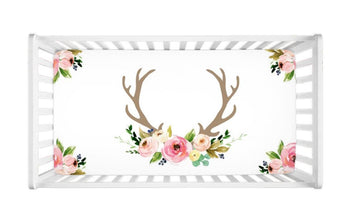 Deer Antlers Floral Baby Girl Crib Sheet C105-Sweet Blooms Decor