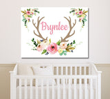Deer Antlers Floral Girl Nursery Name Sign Wall Art Blush Pink Coral Flowers Bedroom Decor Personalized Baby Shower Gift CANVAS C890 