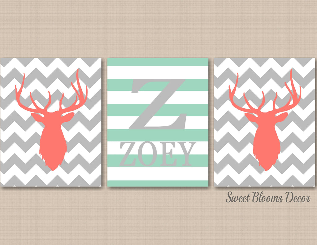Deer Antlers Girl Nursery Decor Wall Art Coral Mint Green Gray Chevron Stripes Name Monogram BAby Shower Gift C532-Sweet Blooms Decor
