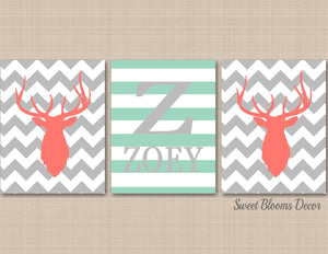 Deer Antlers Girl Nursery Decor Wall Art Coral Mint Green Gray Chevron Stripes Name Monogram BAby Shower Gift C532-Sweet Blooms Decor