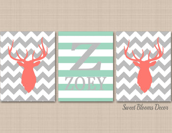 Deer Antlers Girl Nursery Decor Wall Art Coral Mint Green Gray Chevron Stripes Name Monogram BAby Shower Gift C532-Sweet Blooms Decor