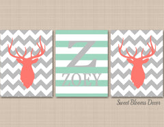 Deer Antlers Girl Nursery Decor Wall Art Coral Mint Green Gray