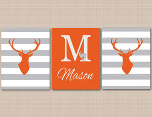 Deer Antlers Nursery Decor Wall Art Orange Gray Stripes Deer Antler Name Monogram Twins Brothers Baby Shower Gift C129-Sweet Blooms Decor