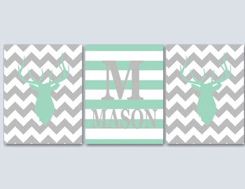 Deer Antlers Nursery Wall Art Mint Green Gray Chevron Stripes Name Monogram Baby Boy Bedroom Decor BAby Showr Gift C126-Sweet Blooms Decor