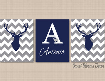 Deer Antlers Nursery Wall Art Navy Blue Gray Chevron Name Monogram Baby Boy Bedroom Decor Baby Shower Gift C127-Sweet Blooms Decor