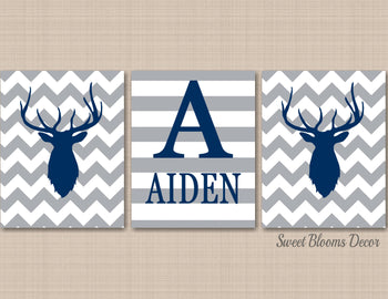 Deer Antlers Nursery Wall Art Navy Blue Gray Deer Chevron Stripes Name Monogram Baby Shower Gift Deer Heads Decor C122-Sweet Blooms Decor