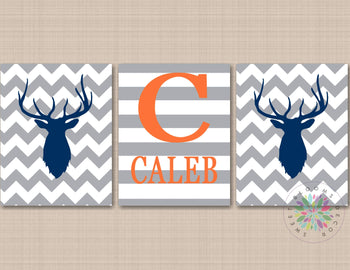 Deer Antlers Nursery Wall Art Navy Blue Gray Orange Deer Boy Bedroom Decor Chevron Stripes Name Monogram UNFRAMED C122-Sweet Blooms Decor