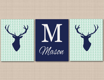 Deer Antlers Nursery Wall Art Navy Blue Mint Green Arrows Name Monogram BAby Boy Bedroom Decor Baby Shower Gift C445-Sweet Blooms Decor