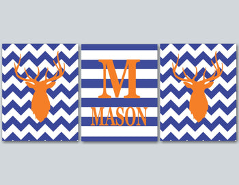Deer Antlers Nursery Wall Art Orange Blue Stripes Chevron Name Monogram Baby Boy Bedroom Decor Baby Shower Gift C128-Sweet Blooms Decor