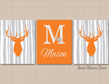 Deer Antlers Nursery Wall Art Orange Gray Birch Trees Deer Art Name Monogram Baby Boy Bedroom Decor Baby Shower Gift C607-Sweet Blooms Decor
