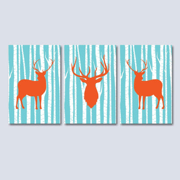 Deer Antlers Nursery Wall Art Orange Teal Blue Aqua Orange Birch Trees 3 Deer Woodland Nursery Decor Bay Boy Bedroom C121-Sweet Blooms Decor