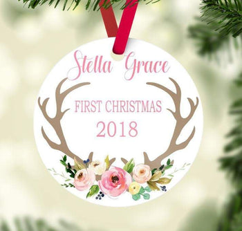 Deer Christmas Ornament Dear Antler Floral Personalized Baby Girl 1st First Christmas Woodland Shower Gift New Baby floral Ornament Flowers