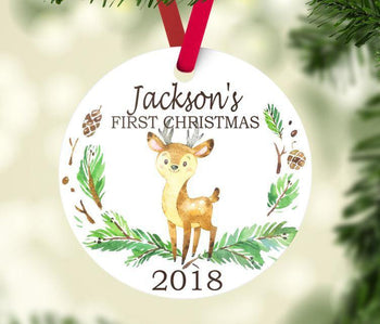 Deer Christmas Ornament Personalized Woodland Animals Baby Boy 1st First Christmas Baby Shower Gift New Baby Holiday Ornament 115
