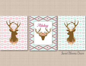 Deer Girl Nursery Wall Art Tribal Woodland Nursery Decor Pink Mint Gray Aztec Woodland Fox Bear Deer Woodland Bedroom C461-Sweet Blooms Decor