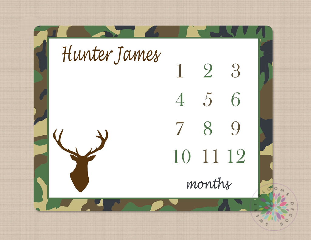 Deer Milestone Baby Blanket Army Camoflauge Monthly Growth Tracker Hunter Personalized Name Baby Shower Gift Bedding Nursery Decor B28