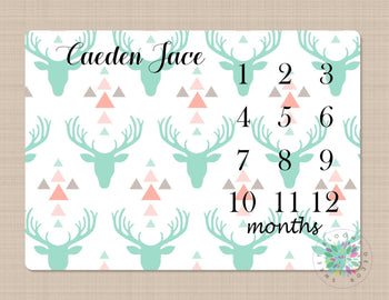 Deer Milestone Blanket Baby Blanket Deer Antler Mint Coral Gray Monthly Growth Tracker Brown Deer Head Blanket Newborn Baby Shower Gift B209