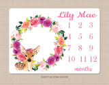Deer Milestone Blanket Monthly Growth Tracker Floral Wreath Woodland Blanket Newborn Baby Girl Baby Shower Gift Pink Purple Watercolor  374