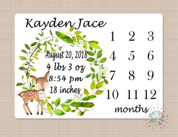 Deer Milestone Blanket Woodland Monthly Blanket Monthly Growth Tracker Baby Blanket Newborn Gift Fox Baby Shower Gift Birth Stats B432