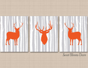 Deer Nursery Decor Antlers Wall Art Orange Gray Birch Trees Deer Antler Baby Shower Gift Woodland Modern Simple C608-Sweet Blooms Decor