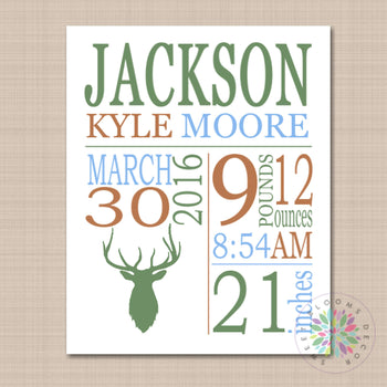 Deer Nursery Decor Deer Birth Print Deer Antler Head Birth Announcement Deer Nursery Deer Baby Shower Gift PRINT OR CANVAS-Sweet Blooms Decor