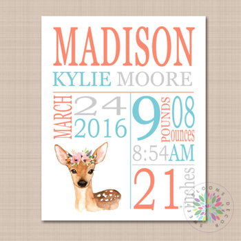 Deer Nursery Decor Deer Birth Print Deer Antler Head Birth Announcement Deer Nursery Deer Baby Shower Gift PRINT OR CANVAS-Sweet Blooms Decor