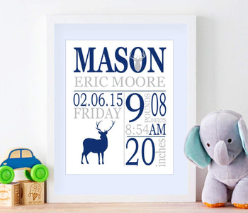 Deer Nursery Decor Navy Gray Deer Birth Print Woodland Animals Birth Announcement Deer Nursery Deer Baby -PRINT OR CANVAS-Sweet Blooms Decor