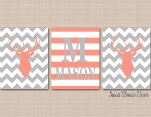 Deer Nursery Wall Art Coral Gray Deer Wall Art Coral Deer Wall Art,Deer Antler Wall Art,Deer Nursery Decor,Coral Gray C125-Sweet Blooms Decor