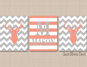 Deer Nursery Wall Art Coral Gray Deer Wall Art Coral Deer Wall Art,Deer Antler Wall Art,Deer Nursery Decor,Coral Gray C125-Sweet Blooms Decor