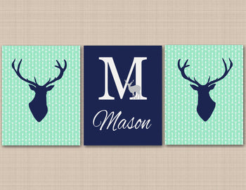 Deer Nursery Wall Art Navy Blue Mint Green Arrows Deer Antlers Baby Boy Bedroom Decor Name Monogram Baby Shower Gift C448-Sweet Blooms Decor