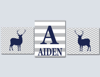 Deer Nursery Wall Art Navy Gray Chevron Deer Name Monogarm Chevron Stripes Baby Boy Bedroom Decor Baby Shower Gift C124-Sweet Blooms Decor