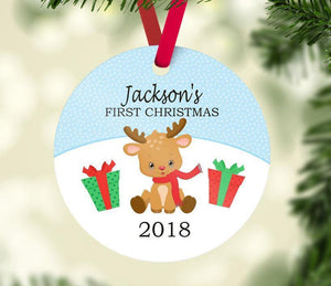 Deer Reindeer Christmas Ornament Personalized Reindeer Snow Baby Boy 1st First Christmas Baby Shower Gift New Baby Holiday Ornament 150