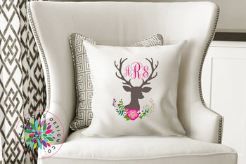 Deer Throw Pillow Pink Flowers Deer Antler Girl Pillow Floral Deer Nursery Decor Deer Monogram Nursery Decor Deer Baby Shower Bedding P140-Sweet Blooms Decor