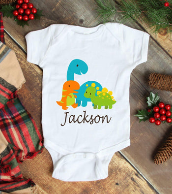 Dinosaur Baby One Piece Bodysuit Baby Boy Birthday Personalized Baby Shower Gift Green Orange Teal Blue One-Piece Body Suit 121-BODY SUITS & T-SHIRTS-Sweet Blooms Decor