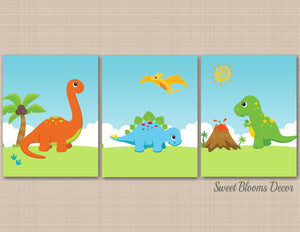 Dinosaur Nursery Wall Art Dinosaur Land Baby Bedroom Decor Bathroom Blue Green Orange Dinosaur Kids Room Decor C219-Sweet Blooms Decor