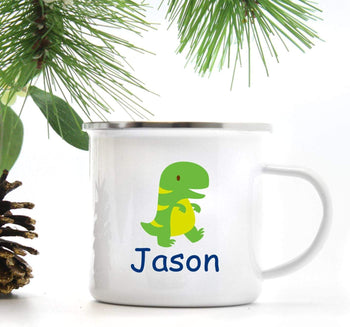 Dinosaur Personalized Kids Mug Camping T-Rex Custom Children's Drinkware Metal Camp Mug Birthday Favors Birthday Gifts M104