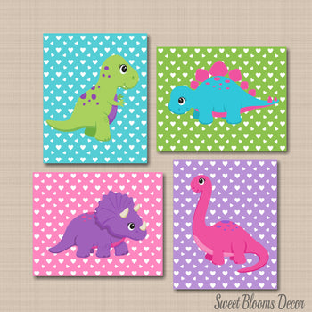 Dinosaurs Girl Nursery Decor Dinosaur Wall Art Pink Purple Teal Green Hearts Baby Girl Bedroom Decor BAby Shower Gift C596-Sweet Blooms Decor