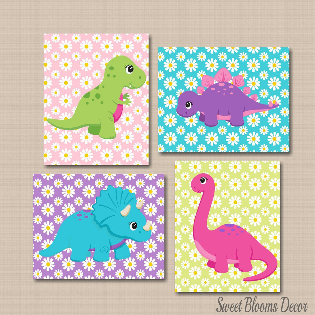 Dinosaurs Girl Nursery Decor Wall Art Pink Purple Teal Green Floral Baby Girl Bedroom Decor Baby Shower Gift Flowers C469-Sweet Blooms Decor